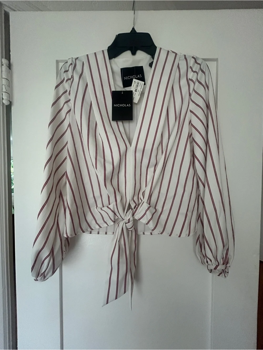 NICHOLAS White and Burgundy Striped Tie-Front Blouse & Skirt Set